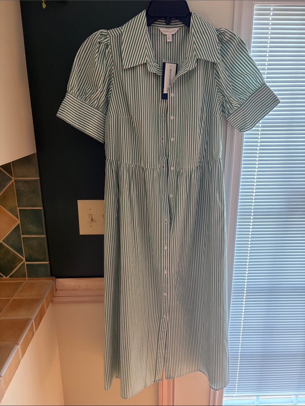 Massimo Dutti Mint and White Striped Button-Front Midi Dress